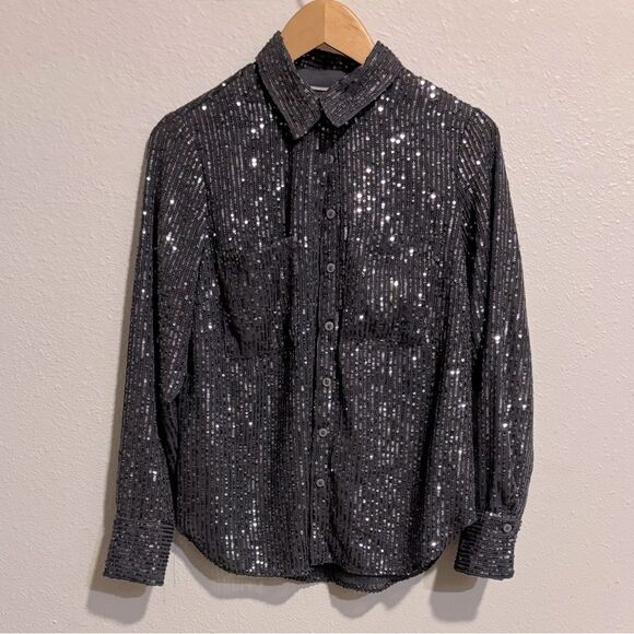 Anthropologie Remie Sequin Button Down Slate Gray Size Small Excellent Condition - Picture 7 of 10